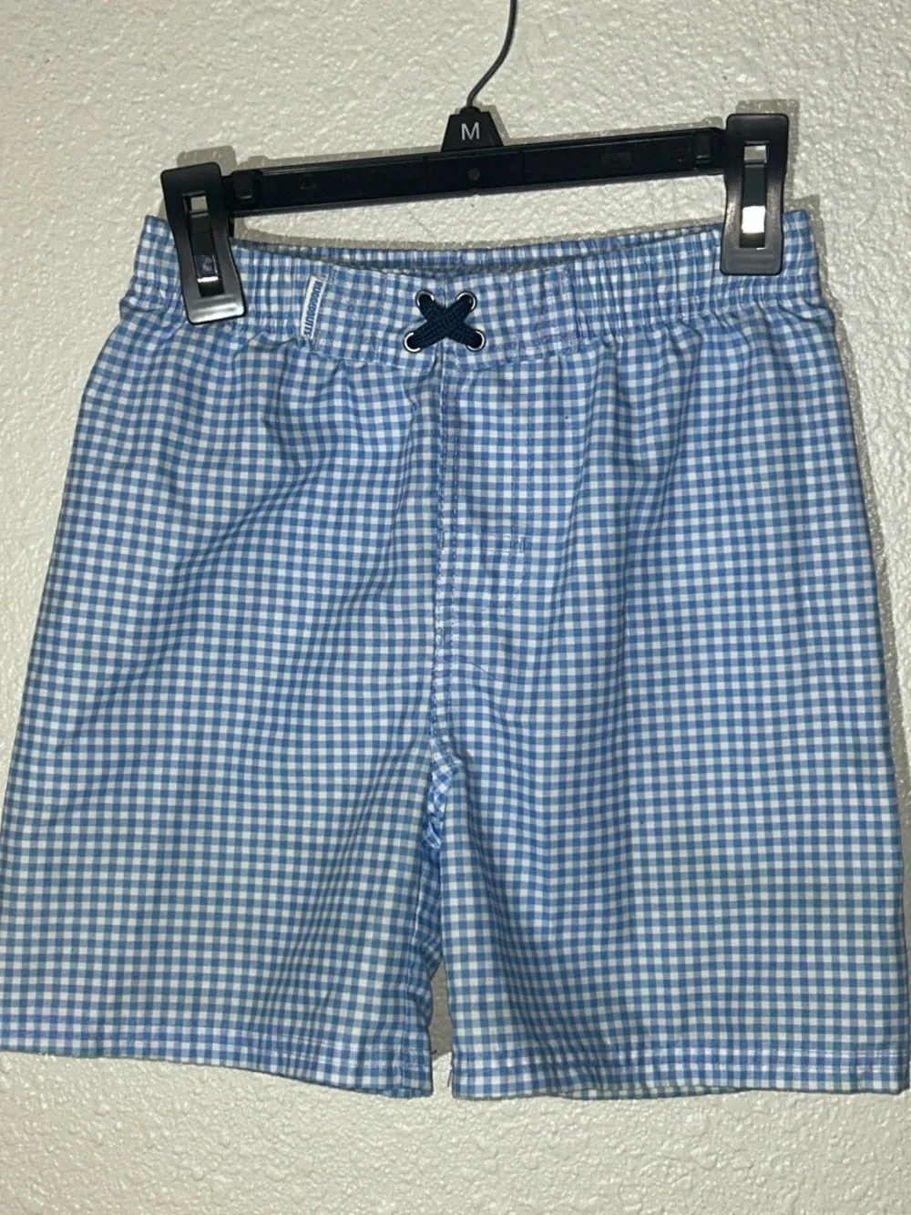 RuggedButts Boy’s Cornflower Blue Gingham Swim Shorts - Casual Elastic Waist Sz7